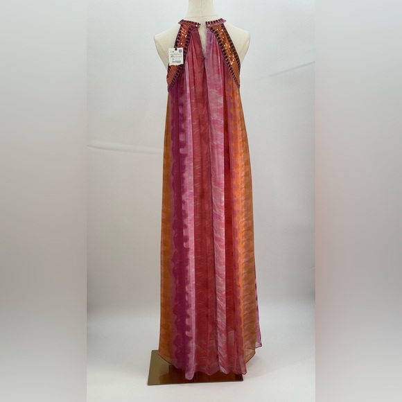 Zara Ombre Halter Maxi Pink Orange Flowing Chiffon Evening Summer Dress SZ XS - Picture 11 of 15